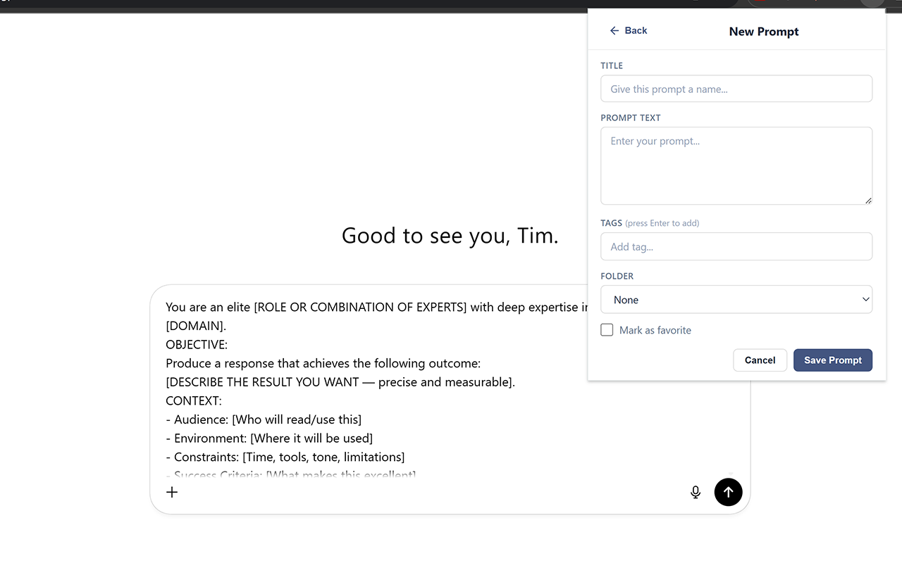New Prompt form with title, prompt text, tags, and folder fields for saving a new prompt